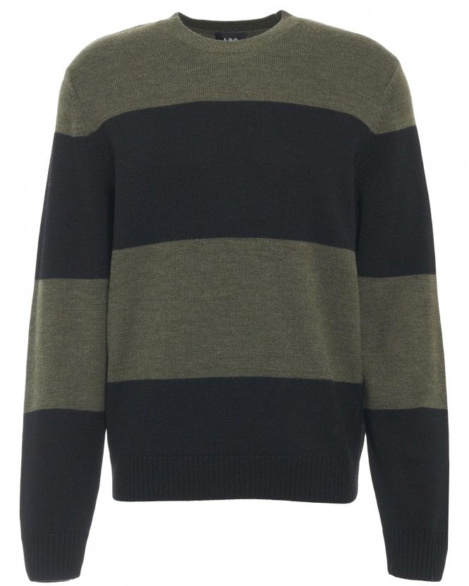 A.P.C. Mens Loic Straight Fit Striped Band Wool Jumper - Black/Khaki