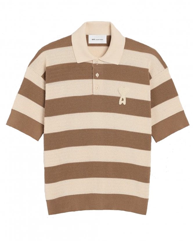 Ami Paris Mens Ajouré Striped Cotton Knitted Polo Shirt - White/Brown