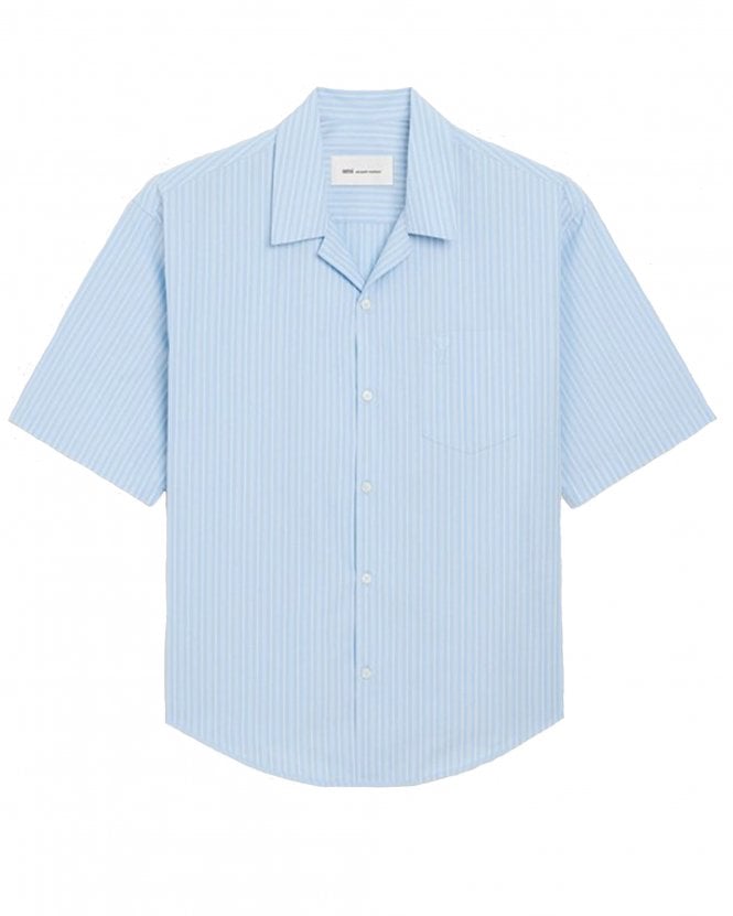 Ami Paris Mens Ami De Coeur Boxy Fit Short Sleeve Striped Shirt - Cashmere Blue & White