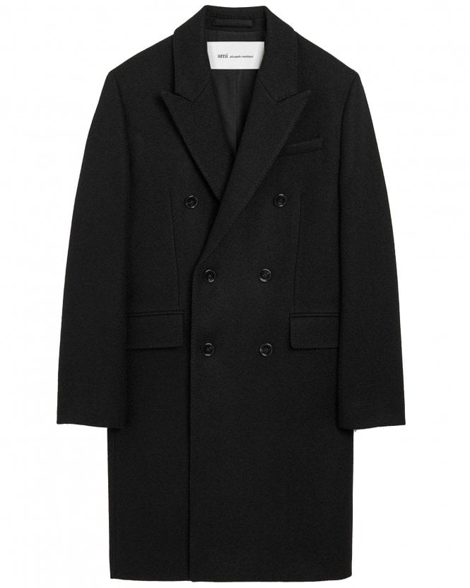 Ami Paris Mens Classic Fit Double-Breasted Wool Coat - Black