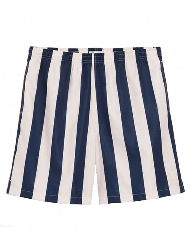 Ami Paris Mens Long Striped Swim Shorts - White/Navy