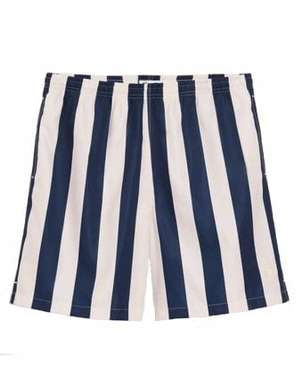 Mens Long Striped Swim Shorts - White/Navy