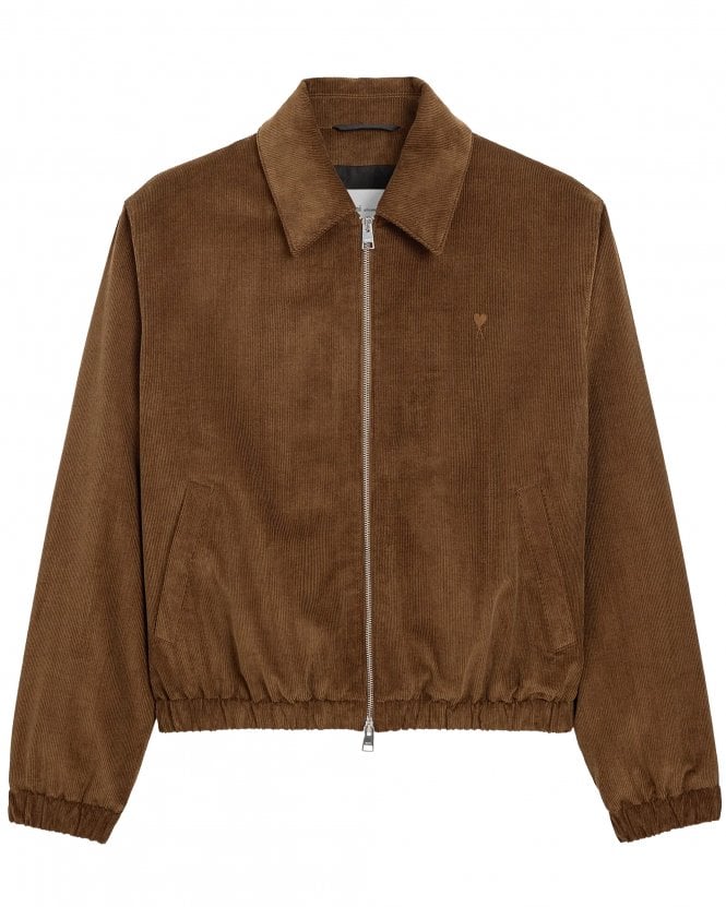 Ami Paris Mens Regular Fit Corduroy Cotton Padded Jacket - Chocolate Brown