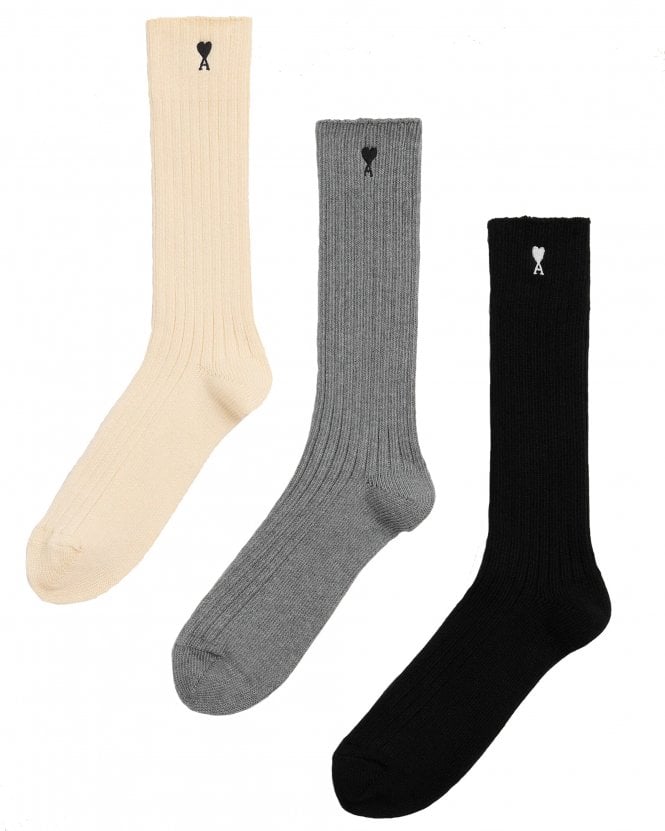 Ami Paris Mens Stretch Fit Three-Pack Cotton Socks - Black/Grey/Off White 