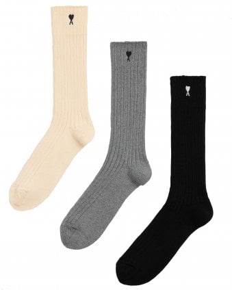 Mens Stretch Fit Three-Pack Cotton Socks - Black/Grey/Off White 