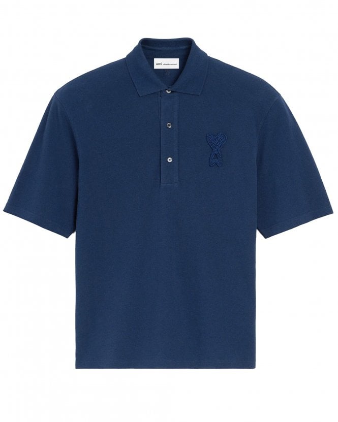 Ami Paris Unisex Ami De Coeur Boxy Fit Knitted Patch Polo Shirt - Ink Blue