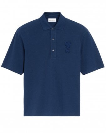 Unisex Ami De Coeur Boxy Fit Knitted Patch Polo Shirt - Ink Blue