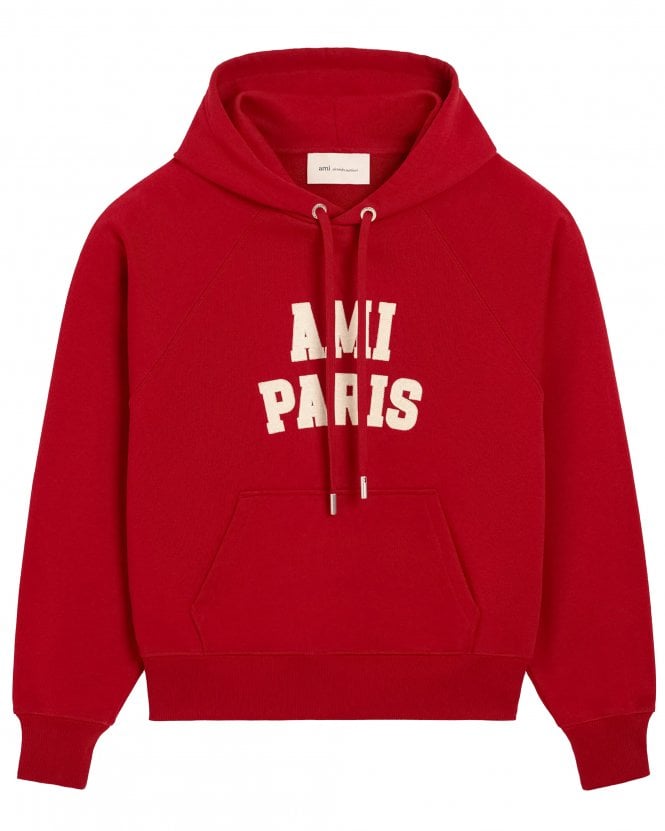 Ami Paris Unisex Boxy Fit Paris Embroidered Hoodie - Ruby Red/Ivory