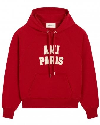 Unisex Boxy Fit Paris Embroidered Hoodie - Ruby Red/Ivory
