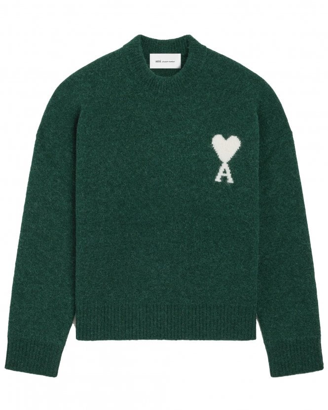 Ami Paris Unisex de Coeur Regular Fit Brushed Alpaca Crew Neck Jumper - Bottle Green/Ecru