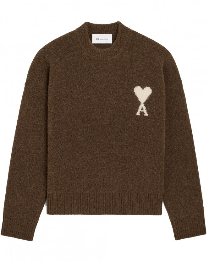 Ami Paris Unisex de Coeur Regular Fit Brushed Alpaca Crew Neck Jumper - Chocolate Brown/Ecru