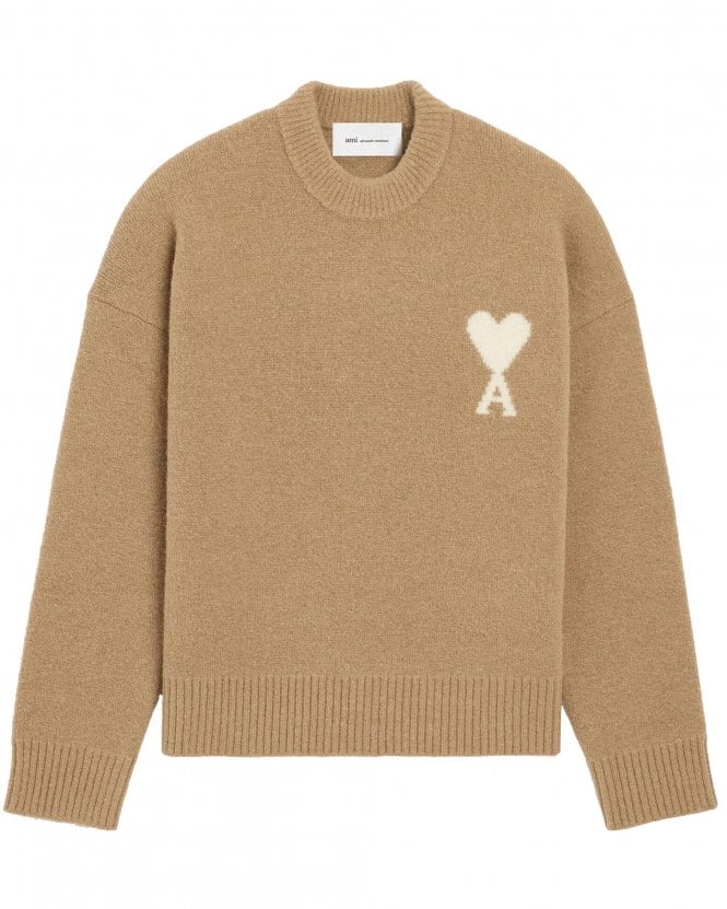 Ami Paris Unisex de Coeur Regular Fit Brushed Alpaca Crew Neck Jumper - Mastic Beige/Ecru