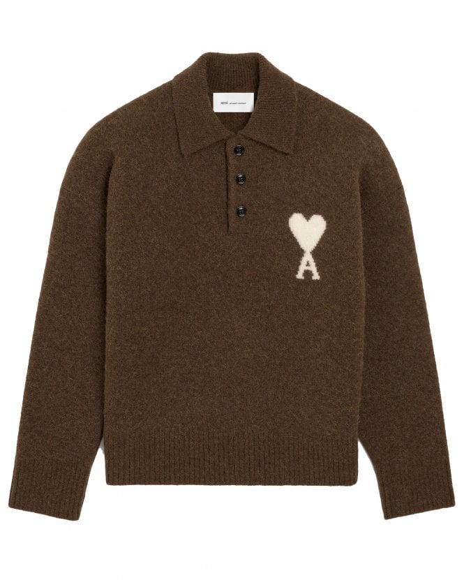 Ami Paris Unisex de Coeur Relaxed Fit Alpaca Polo Collar Jumper - Chocolate Brown/Ecru