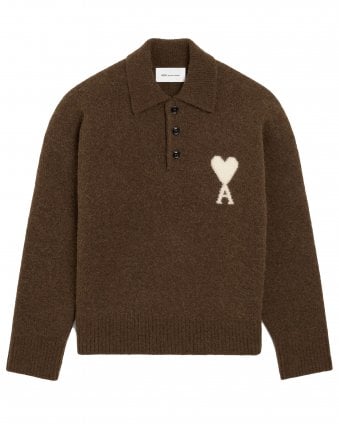Unisex de Coeur Relaxed Fit Alpaca Polo Collar Jumper - Chocolate Brown/Ecru
