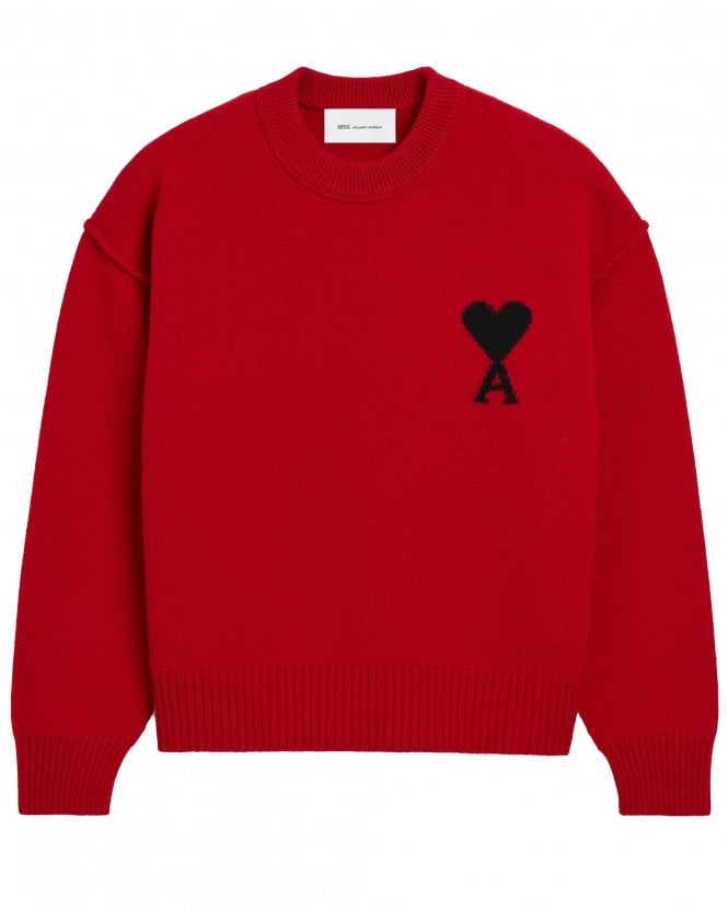 Ami Paris Unisex de Coeur Wool Crew Neck Jumper - Ruby Red/Black