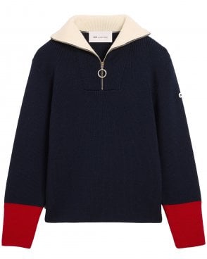 Unisex Quarter Zip Contrast Wool Sweatshirt - Navy Blue