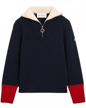 Unisex Quarter Zip Contrast Wool Sweatshirt - Navy Blue