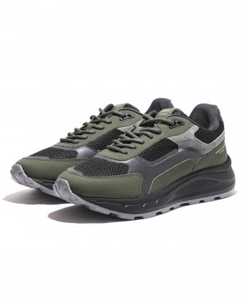 Mens El Porto Stealth Rubberised Leather Trainers - Olive Green/Black