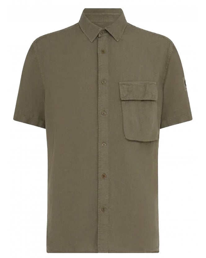 Belstaff Mens Linen Scale Short Sleeve Shirt Surplus Green