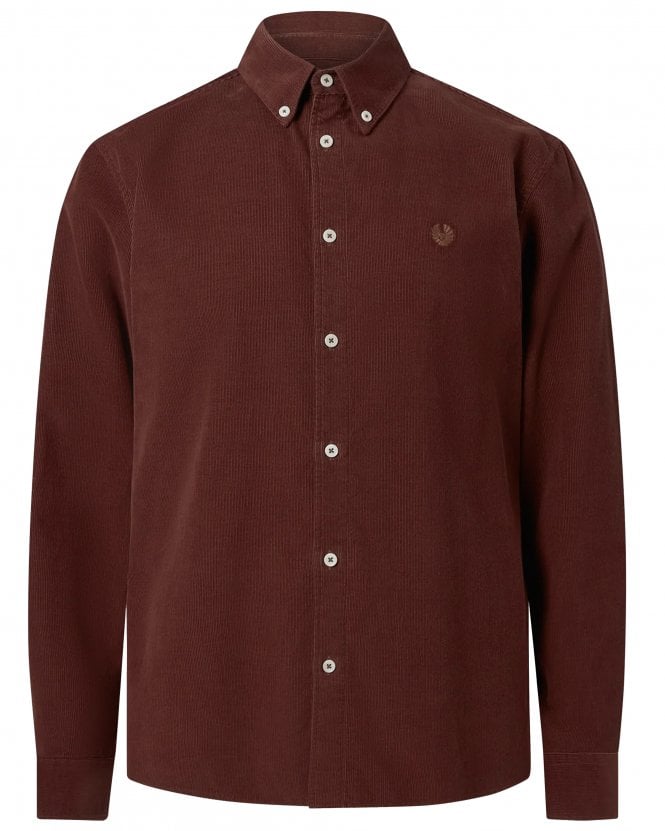 Belstaff Mens Street Regular Fit Button Down Cord Shirt - Burgundy Red (Oxblood)