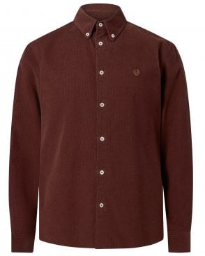 Mens Street Regular Fit Button Down Cord Shirt - Burgundy Red (Oxblood)