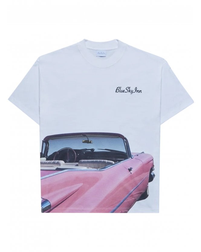 Blue Sky Inn Mens Pink Car Graphic T-Shirt White