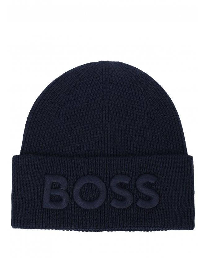 BOSS Mens AFox_R Embroidered Logo Beanie Dark Blue