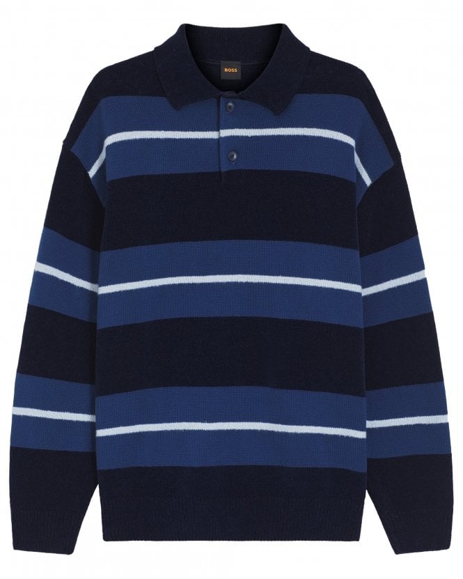 BOSS Mens Amburgh Cotton-Blend Knit Long Sleeve Polo Shirt - Dark Blue 
