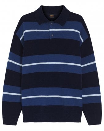 Mens Amburgh Cotton-Blend Knit Long Sleeve Polo Shirt - Dark Blue 