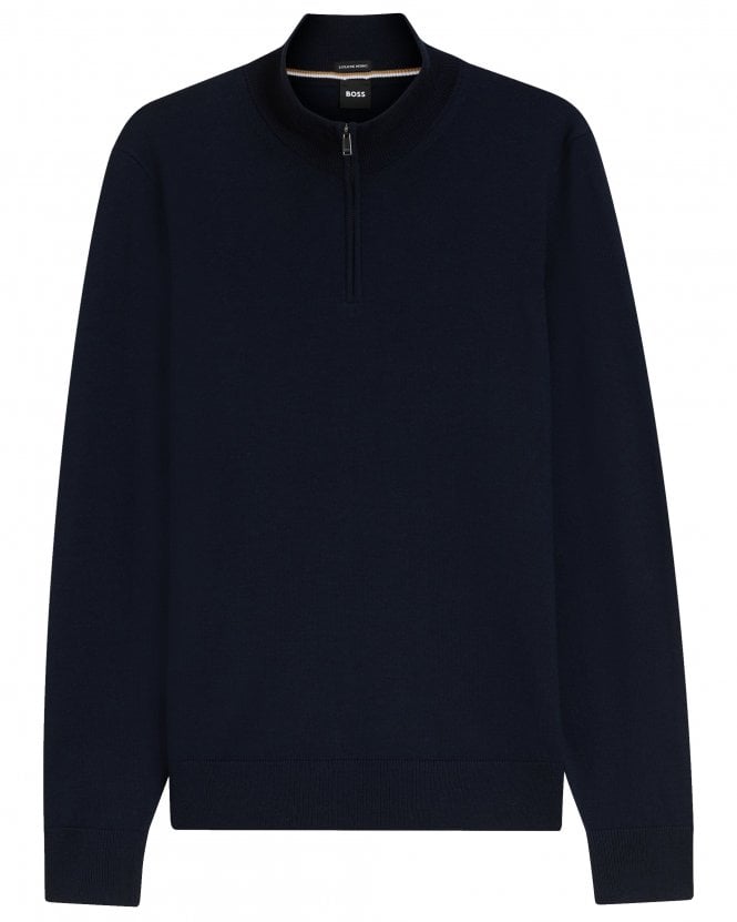 BOSS Mens H-Ebenji Merino Wool Quarter Zip Jumper- Dark Blue