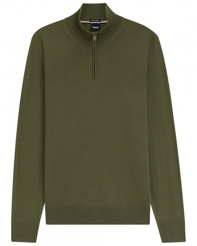 BOSS Mens H-Ebenji Merino Wool Quarter Zip Jumper- Open Green
