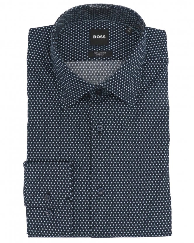BOSS Mens H-Joe-KC-261 Regular Fit Printed Stretch Shirt - Dark Blue