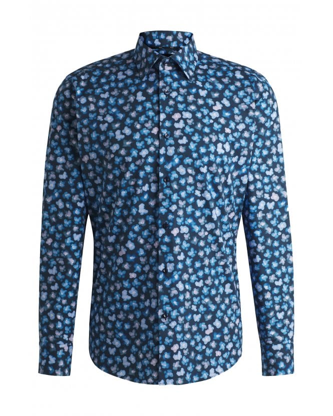 BOSS Mens H-Joe Kent Floral Print Poplin Shirt Blue Patterned 