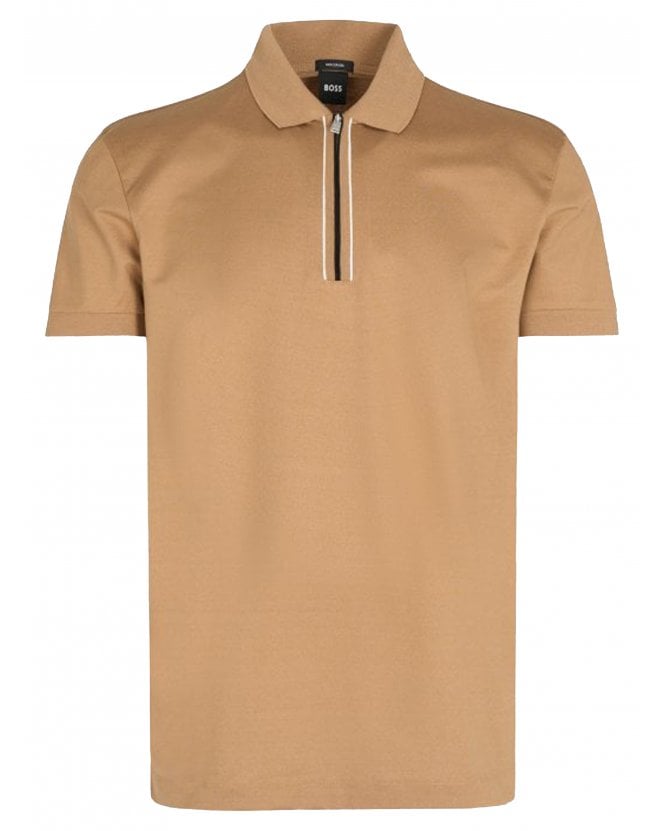 BOSS Mens H-Paras 65 Zip Polo Shirt Beige