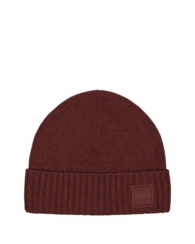 BOSS Mens Kaios Logo Badge Hat, Dark Red Beanie