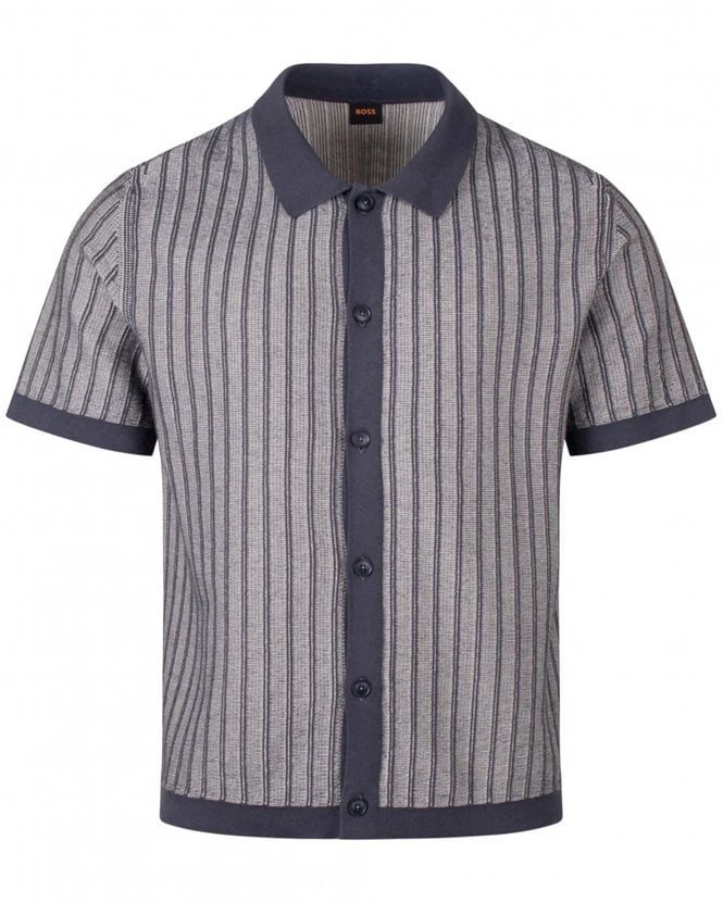 BOSS Mens Kodd Relaxed Fit Knitted Full Length Buttoned Polo Shirt - Dark Blue 