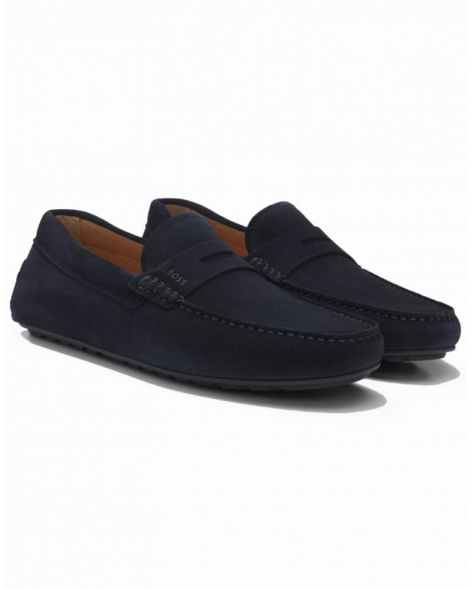 BOSS Mens Noel_Mocc_sdpeb Suede Penny Trim Moccasins Loafers - Dark Blue