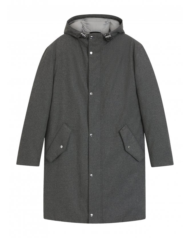 BOSS Men's Padded Flannel Grey Overcoat - P-Jared Hooded Panel Performance 