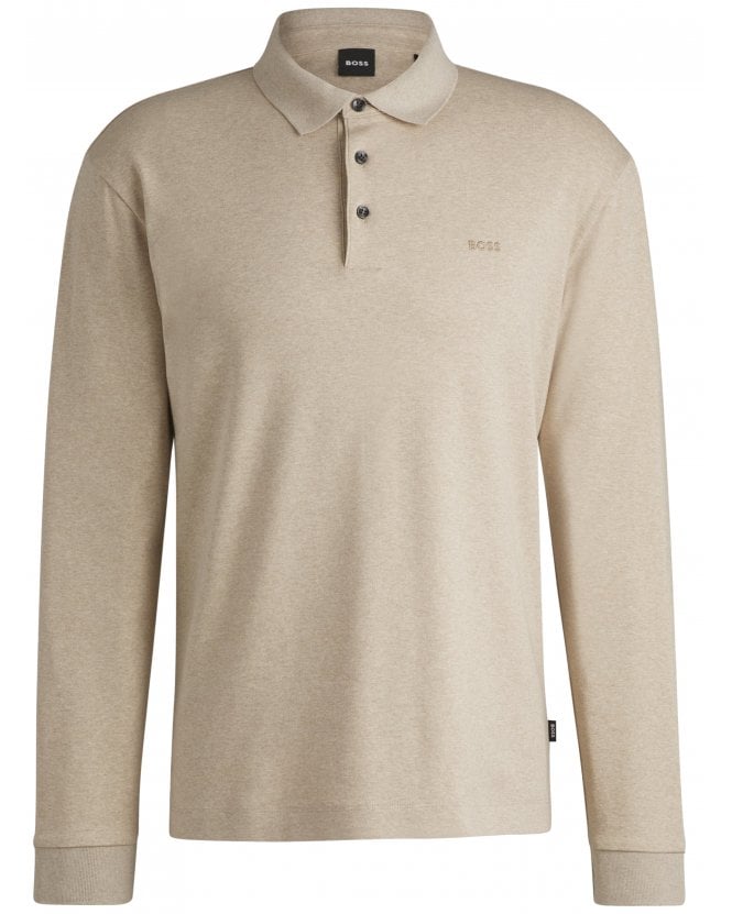 BOSS Mens Pado 30 Interlocked Long Sleeve Logo Polo Shirt Light Beige