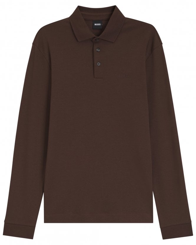 BOSS Mens Pado_30 Regular Fit Long Sleeve Polo Shirt - Dark Brown 