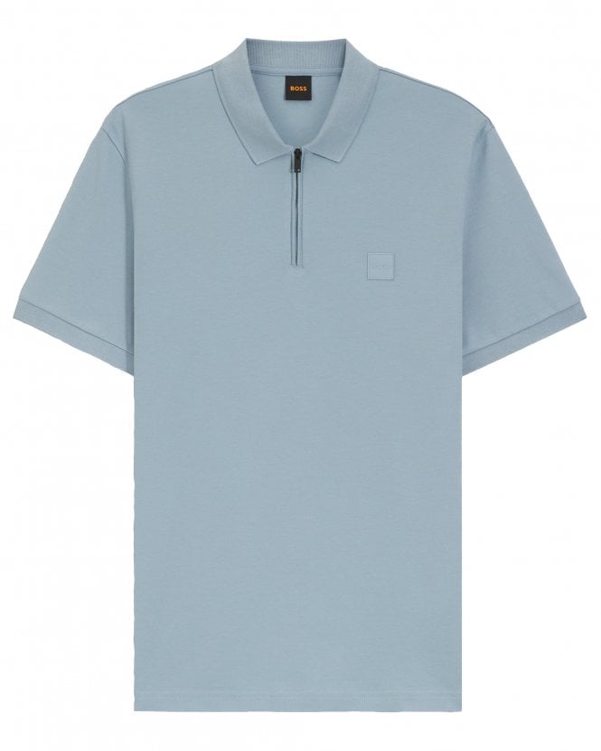 BOSS  Mens Passerzip Stretch Cotton Slim-Fit Zip Polo - Light Blue