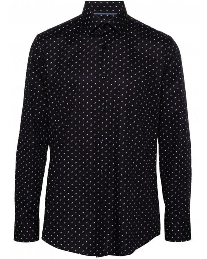 BOSS Mens Printed Stretch Cotton Hank Kent Shirt Navy
