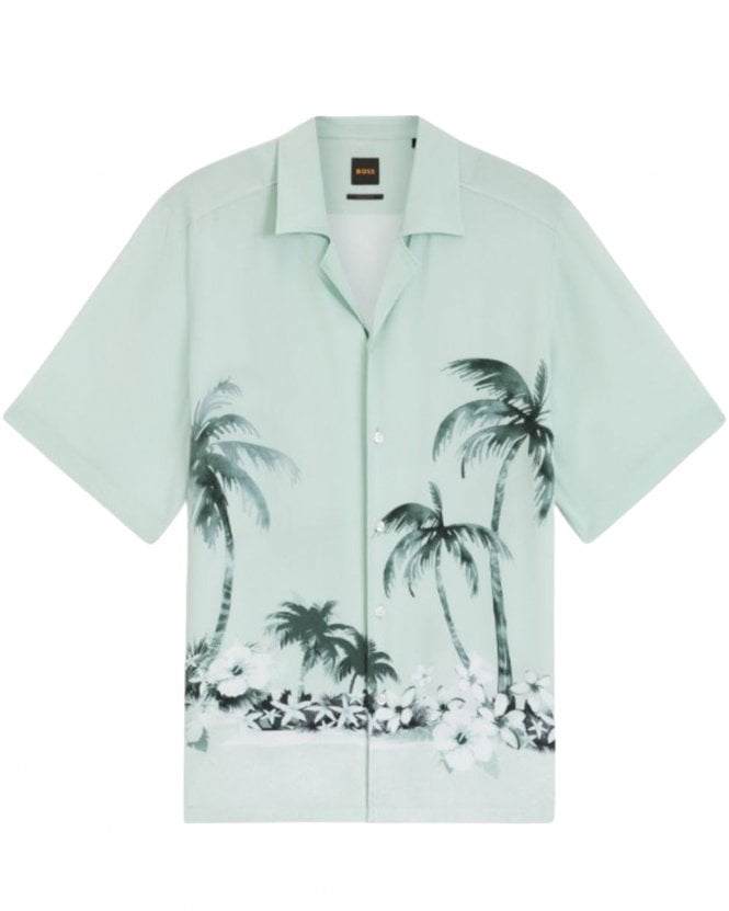 BOSS Mens Rayer_M Relaxed Fit Palm Print Shirt - Aqua Green (Turquoise)