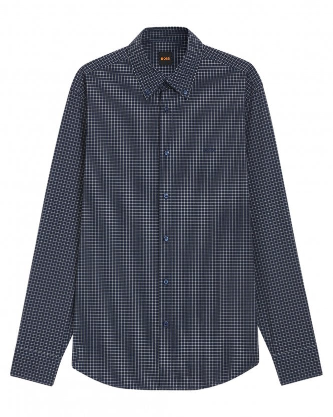 BOSS Mens Ricoplus_M  Checked Stretch-Cotton Dobby Shirt - Blue Patterned