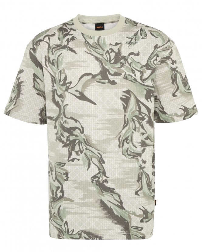 BOSS Mens Te_Barb Relaxed Fit Plant Camo Print T-Shirt - Light Beige