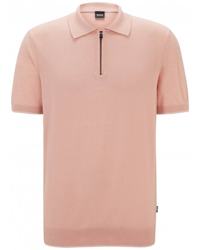 BOSS Mens Trieste Zip Polo Shirt Light Pastel Pink