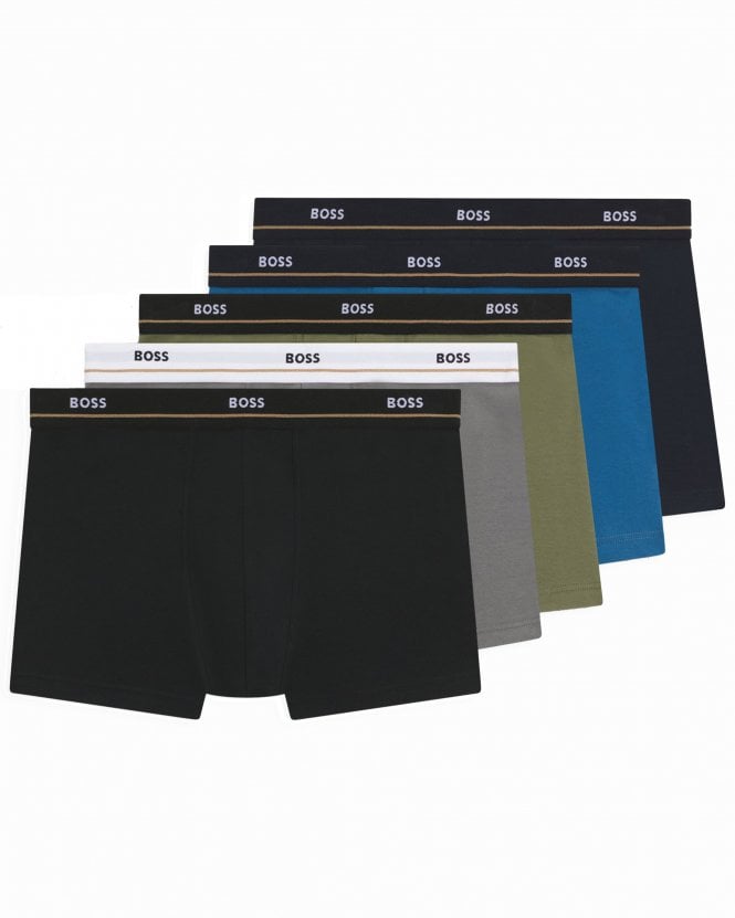 BOSS Mens Trunk 5P Essential Five-Pack Stretch-Cotton Trunks - Grey/Green/Blue/Black