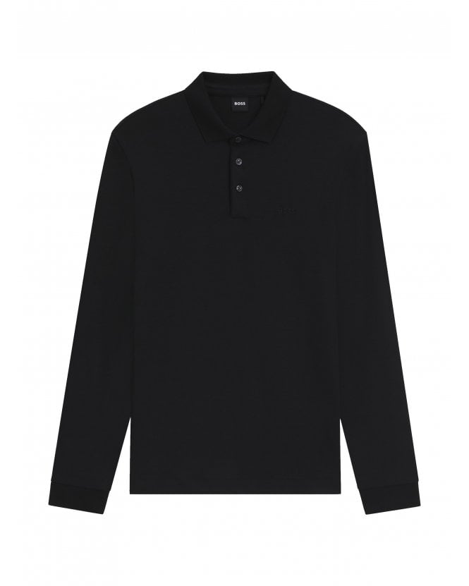 BOSS Pado 30 Interlocked Cotton Long Sleeve Logo Polo Shirt Black