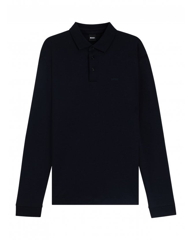 BOSS Pado 30 Interlocked Cotton Long Sleeve Logo Polo Shirt Dark Blue