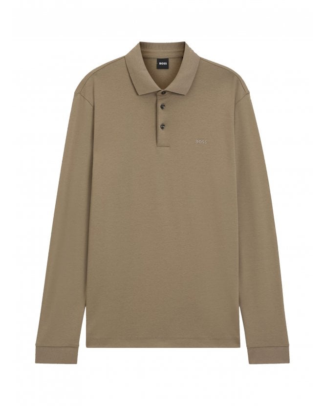 BOSS Pado 30 Interlocked Cotton Long Sleeve Logo Polo Shirt Light Brown